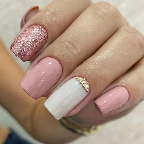 Medium Length European Square Press On Nails Pink White Ombre With Glitter And Rhinestones Fashion Artificial Nails For Women