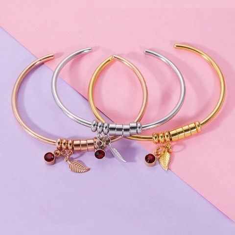 Brazalete De Piedra De Nacimiento Acero Inoxidable Con Colgante De Hoja Y Piedra Redonda De Colores Joyería Para Mujer