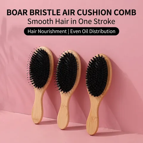 Natural Bamboo Boar Bristle Air Cushion Hair Brush For Scalp Massage Detangling Volumizing Mixed Bristles Hairstyling Tool
