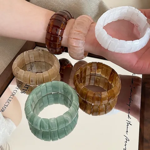 Resin Elastic Block Bracelet Wide Marble Tortoiseshell Texture French Vintage Niche Design Bangle For Women