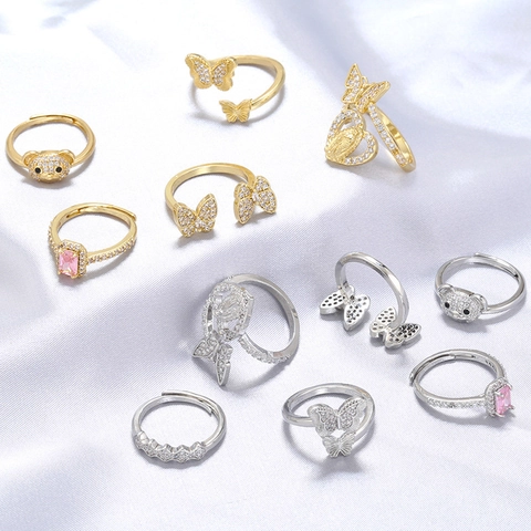 Fashion Adjustable Open Ring Copper Gold Plated Micro Pave Zircon Butterfly Bear Virgin Mary Heart Jewelry For Women