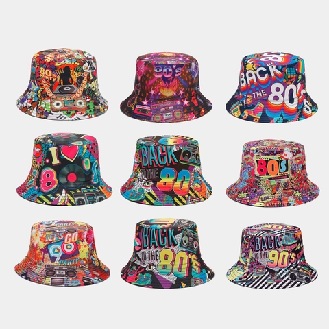 Reversible Retro 80s 90s Party Bucket Hat For Men Women Polyester Printed Graffiti Pop Art Hip Hop Sun Protection Basin Hat