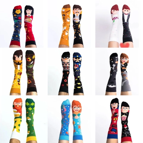 Fashion Novelty Asymmetrical Crew Socks Cotton Blend Cartoon Jacquard Pattern Unisex