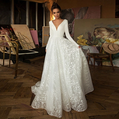 Long Sleeve Wedding Dress Lace Satin Deep V-Neck A-Line Elegant Bridal Gown Ivory White Trailing Formal Evening Robe