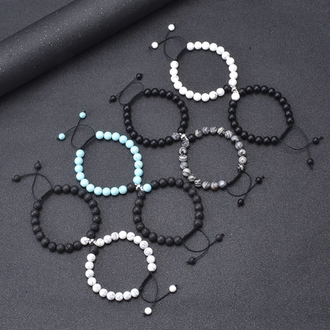 Magnetische Naturstein Armbänder Für Paare Lavagestein Türkis Heilperlen Verstellbare Kordel Beziehungs Schmuck Geschenk