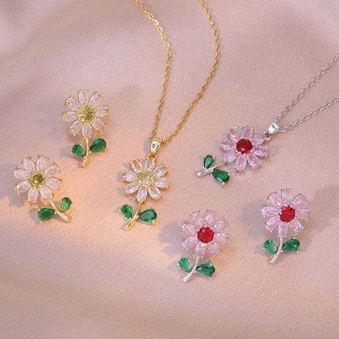 Set di Gioielli in Acciaio al Titanio con Fiori di Strass per Donna Elegante Collana con Ciondolo a Margherita Orecchini a Bottone Gioielli Moda Pendolare