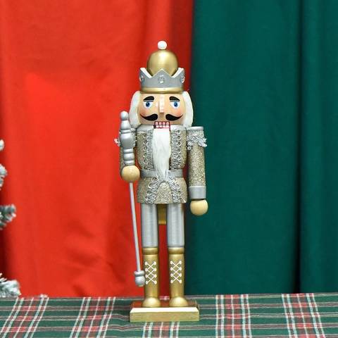 Casse Noisette De Noël En Bois Roi Soldat Ornement Paillettes Or Argent Couronne Sceptre Décoration Table Traditionnelle