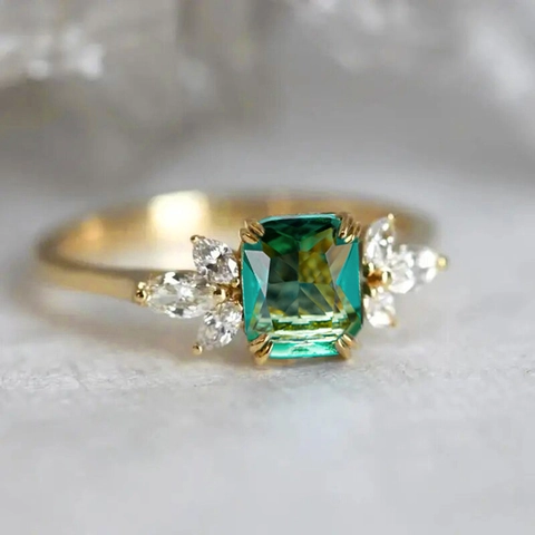 Emerald Cut Green Glass Copper Ring With Marquise Cubic Zirconia Vintage Elegant Jewelry For Women