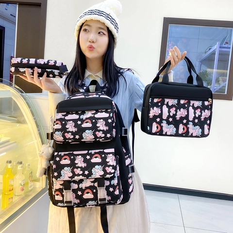 Girls Cartoon Unicorn Backpack And Lunch Bag And Pencil Case Lightweight Nylon Large Capacity Breathable Student School Bag