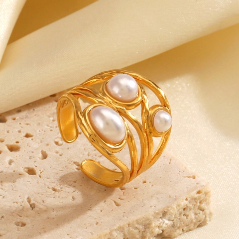 Adjustable Stainless Steel Ring 18K Gold Plated Irregular Hammered Texture With Artificial Pearls Elegant Jewelry For Women