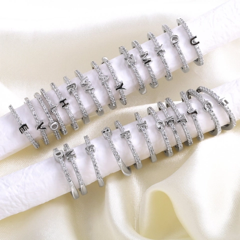 18K Gold Plated Copper Alphabet Initial Letter Open Rings For Women Rhinestone Inlaid Adjustable Fashion Jewelry Gift