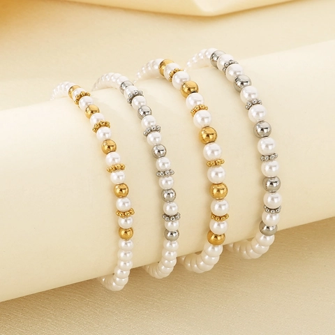 Bracciale Di Künstliche Perle A Strati Con Acciaio Inossidabile Oro 18K E Künstliche Perle Di Vetro Per Donna Gioielli Stile Coreano