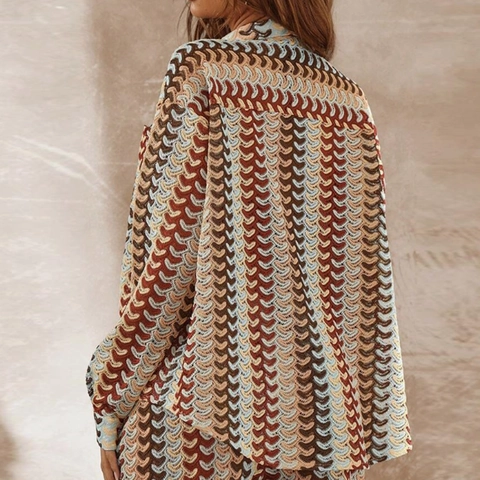 Damen Häkelstrickhemd Zickzack Wellenmuster Mehrfarbig Langarm Revers Lockerer Schnitt Boho Lässige Bluse Oberteil