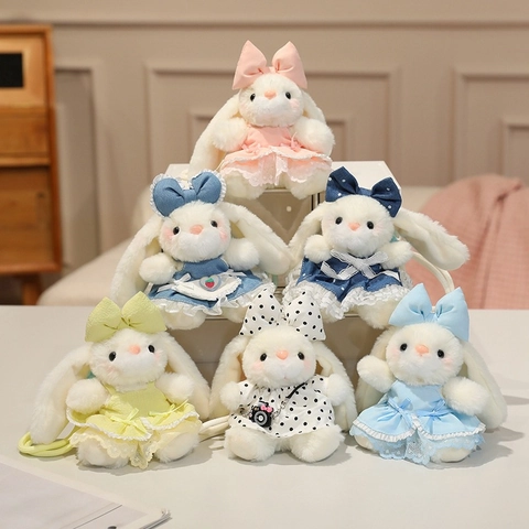 Portachiavi Ciondolo Coniglio Di Peluche Kawaii Morbida Bambola Coniglietto Con Vestito In Pizzo Fiocco Per Zaino Decorazione Regalo Dolce