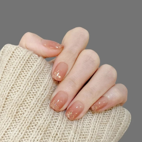 Nude Rosa Farbverlauf Aufklebbare Nägel Mit Goldglitzer Kurz Eckig Rund Künstliche Falsche Nägel Für Damen Maniküre
