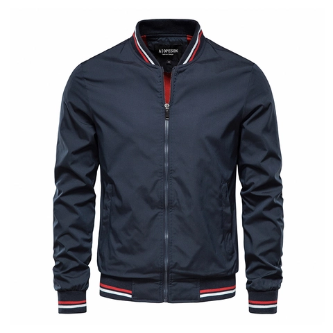 Men Bomber Jacket Windproof Polyester Flight Coat Casual Baseball Collar Zip Up Ribbed Striped Trim Lightweight Outerwear