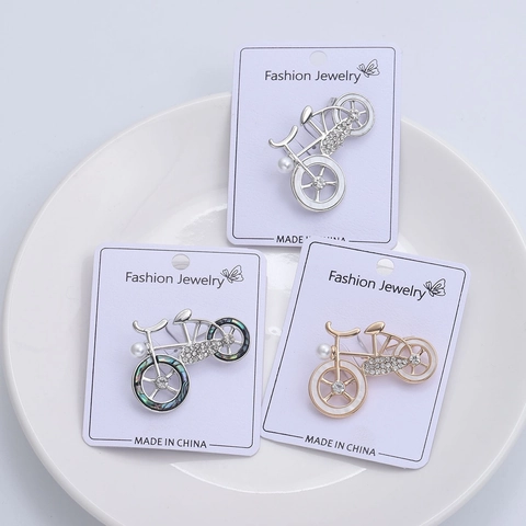 Vintage Bicycle Brooch Alloy Rhinestone Artificial Pearl Shell Inlay Creative Fashion Dress Pin Jewelry Accessory For Women