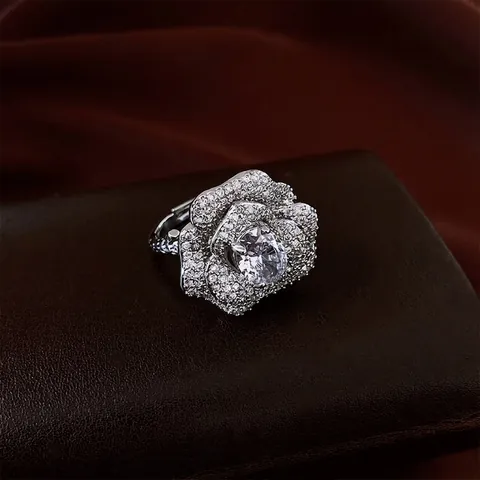 Elegant Flower Open Ring For Women Copper With Micro Pave Zircon Oval Main Stone French Court Style Adjustable Jewelry