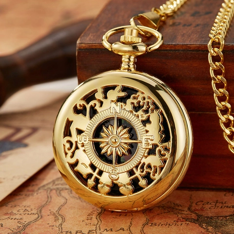 Retro Hollow Compass Pocket Watch for Men Women Vintage Metal Flip Cover Navigation Pocket Watch With Chain Hanging Clock