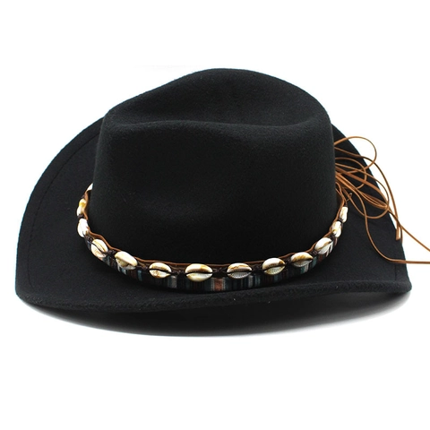 Sombrero De Vaquero Retro De Fieltro De Lana Ala Ancha Fedora Con Banda Decorativa De Concha Estilo Bohemio Para Hombre Mujer