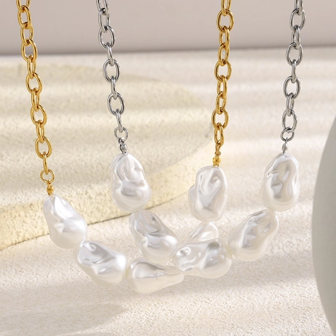 Collar De Perlas Barrocas Artificiales Bañado En Oro De 18K Acero Inoxidable Cadena Gruesa Joyería Retro Para Mujer