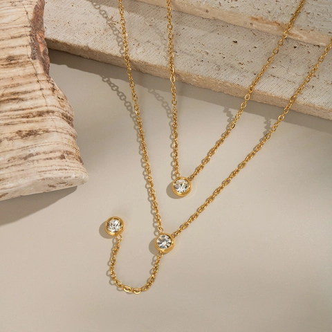 Stainless Steel Double Layer Y Necklace Women 18K Gold Plated Geometric Round Zircon Tassel Elegant Ins Style Jewelry