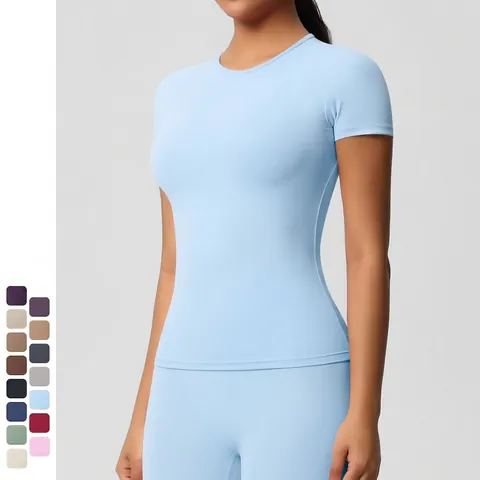 Nylon Spandex Damen Sport T-Shirt Kurzarm Slim Fit Schnelltrocknend Yoga Fitness Laufen Atmungsaktives Sporttop