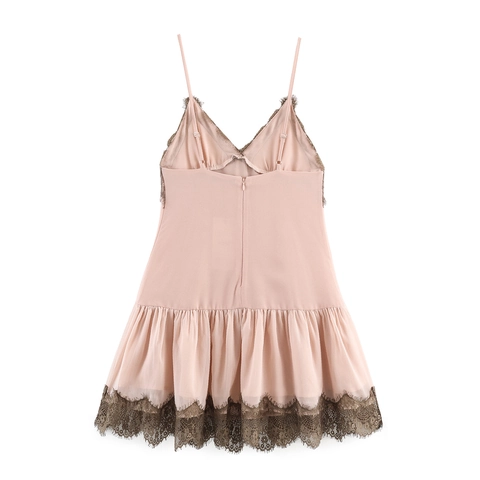 Pink Mini Dress Lace Trim Spaghetti Strap V Neck Sleeveless Polyester Sexy Y2K Style For Women