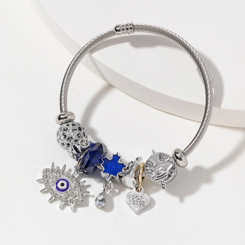 Edelstahl Böser Blick Charm Armband Für Damen Versilbert Strass Herz Stern Anhänger Perlen Armreif Mode Schmuck Geschenk