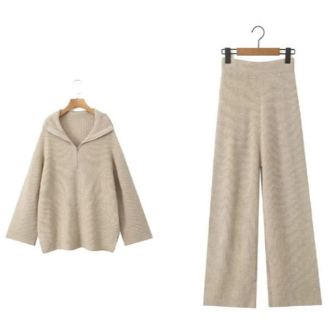 Pull Femme Tricoté Demi Zip Et Pantalon Large Tenue Décontractée Côtelée Couleur Unie Automne Hiver