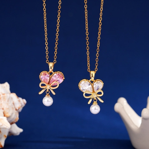Collana con Pendente a Fiocco in Rame Stile Coreano con Strass a Cuore e Ciondolo in Perla Artificiale Catena da Clavicola per Gioielli Donna