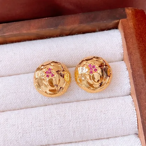 Vintage Round Stud Earrings Gold Plated Copper With Silver Earring Post Purple Zircon Embossed Relief Elegant Women