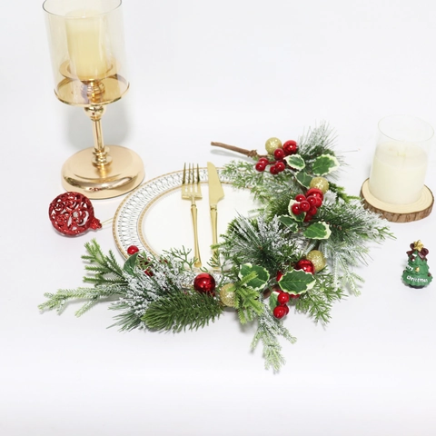 Artificial Christmas Swag Pine Needles Red Berries Golden Balls Frosted Winter Door Wall Decor Festive Ornament