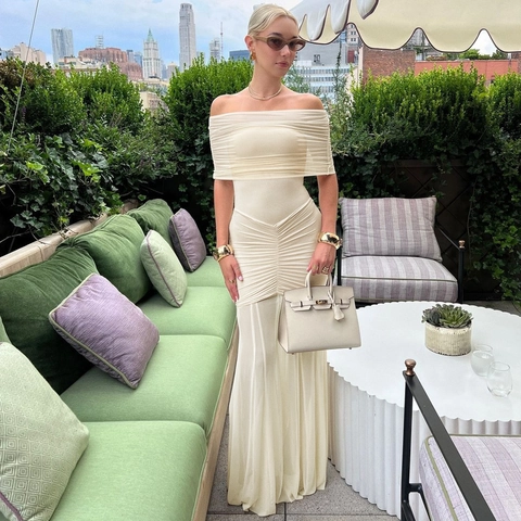 Off Shoulder Pleated Mesh Patchwork Dress Sexy See Through Slim Fit Maxi Party Elegant Women Evening Gown