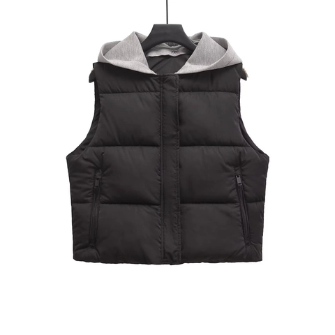 Gilet Imbottito Da Donna Con Cappuccio Senza Maniche Giacca Trapuntata Colore A Contrasto Inverno