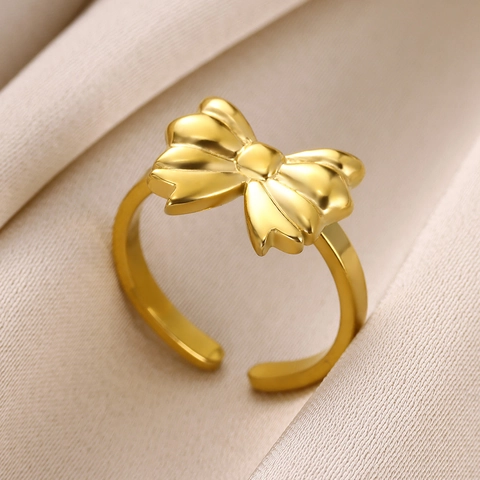 Light Luxury Stainless Steel Bowknot Open Ring For Women Adjustable Gold Silver Color Minimalist Elegant Finger Jewelry Gift