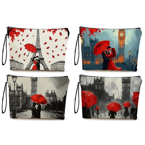 Romantische Paris Eiffelturm London Gedruckte Kosmetiktasche Damen Leinen Baumwolle Kosmetikbeutel Reise Handtasche