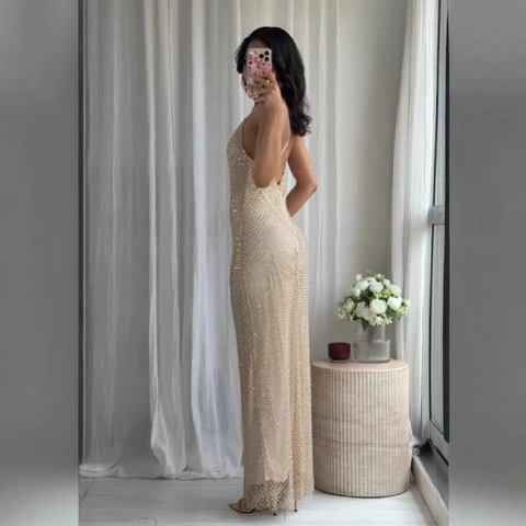 Halter Sequin Maxi Dress Backless Rhinestone Mesh Sleeveless Sexy Elegant Evening Party Gown For Women