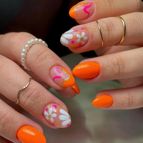 Faux Ongles Courts Ovales Orange Blanc Motif Fleur De Marguerite Style Doux Frais Pour Femmes Ongles Élégants À La Mode