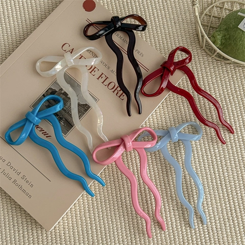 Acetate Bowknot U Shaped Hair Stick Balletcore Two Prong Hair Fork Sweet Vintage Updo Hairpin For Women Girls