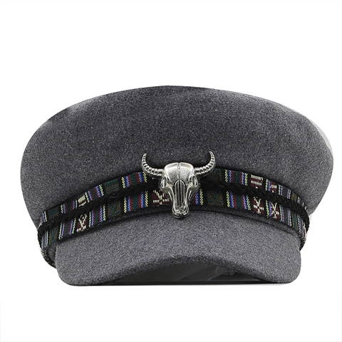 Women Military Cap Vintage Flat Top Newsboy Hat Woolen Polyester With Bull Skull Metal Ornament And Ethnic Woven Band Casual