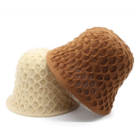 Women Hollow Crochet Cotton Knitted Bucket Hat Fish Scale Pattern Breathable Summer Beach Sun Protection Japanese Style