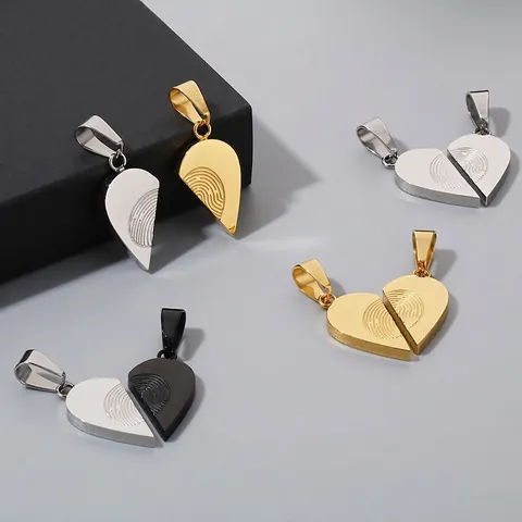 Minimalist Heart Pendant Necklace Stainless Steel Fingerprint Pattern Splicing Design Jewelry For Couples Valentine Gift