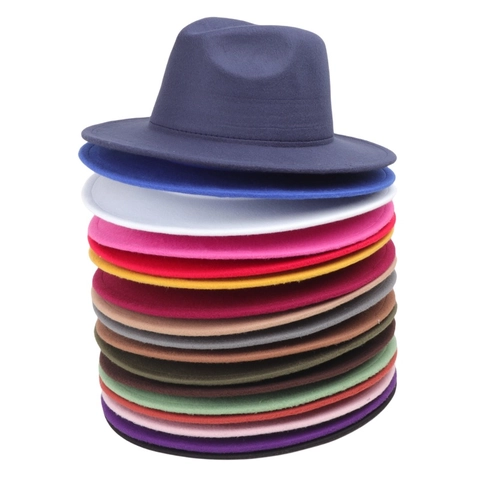 Wide Brim Fedora Hat Solid Color Polyester Felt Vintage British Style Jazz Cap For Men Women