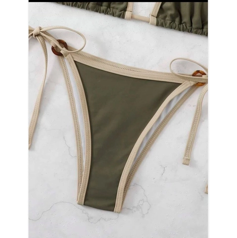 Women Bikini Halter Triangle Top And Side Tie Bottom Swimsuit Padded Resin Ring Decor Solid Color Beachwear