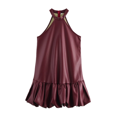 Damen PU Leder Halterneck Minikleid Ärmellos Rüschensaum Rückenfrei Clubwear Partykleid Elegant Weinrot Mode