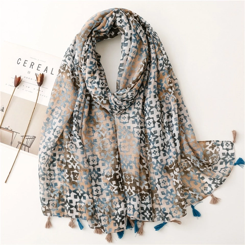 Geometric Floral Printed Long Scarf Retro Polyester Voile Shawl With Tassels For Women Thin Sun Protection Bohemian Wrap