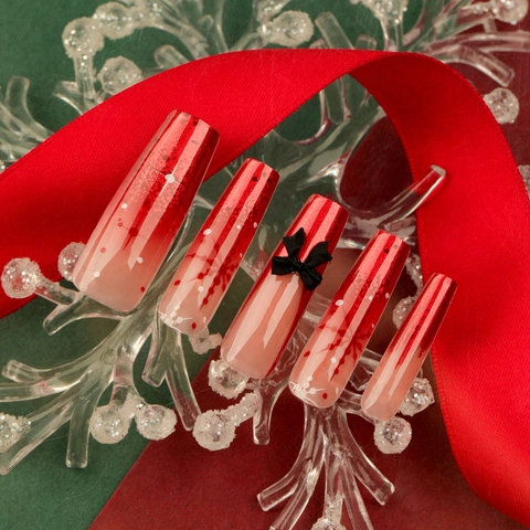 Unghie Finte Di Natale Sfumatura Rossa Bara Lunga Con Motivi A Fiocchi De Neve E Decorazione Con Fiocco 3D Per Donne Festa