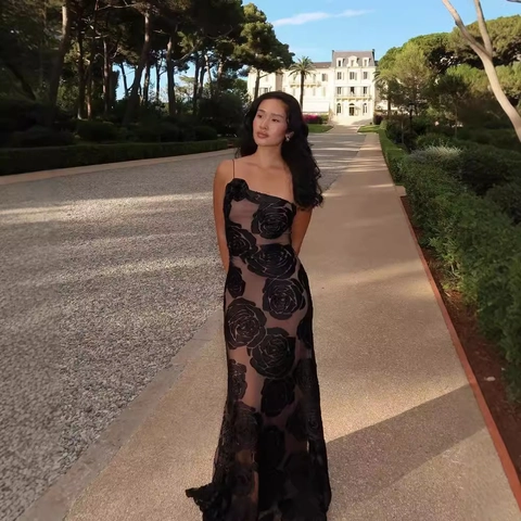 One Shoulder Evening Maxi Dress 3D Rose Burnout Mesh Sexy Slim Fit Party Gown For Women