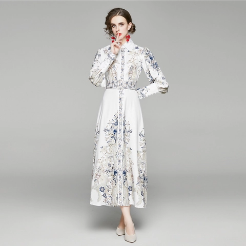 Maxi Jurk Retro Paisley Bloemenprint Chiffon Overhemdkraag Pofmouwen Met Riem Elegant Lange Jurk Voor Dames